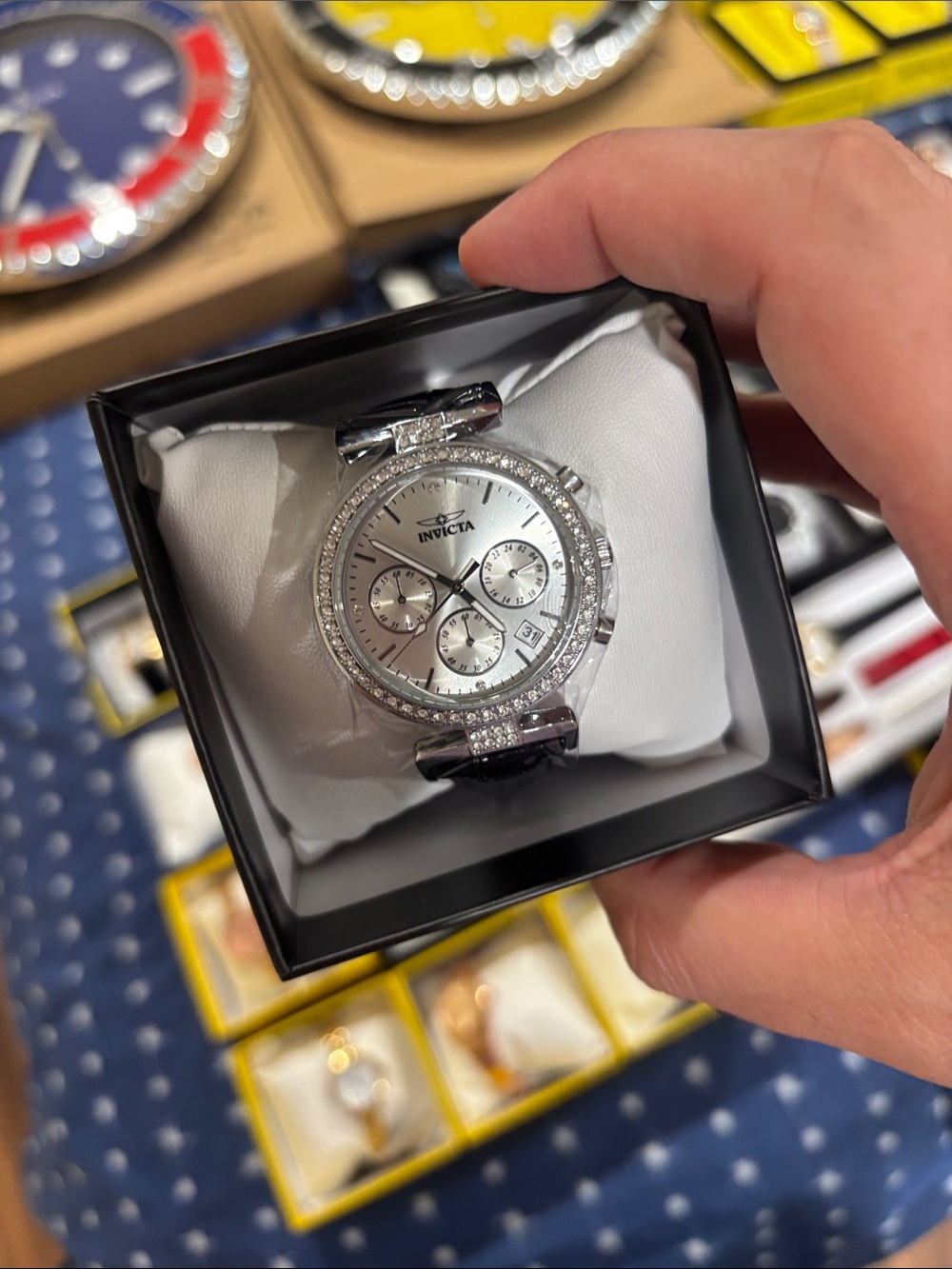Invicta Silver Crystal-Accent Chronograph Watch with Black Strap